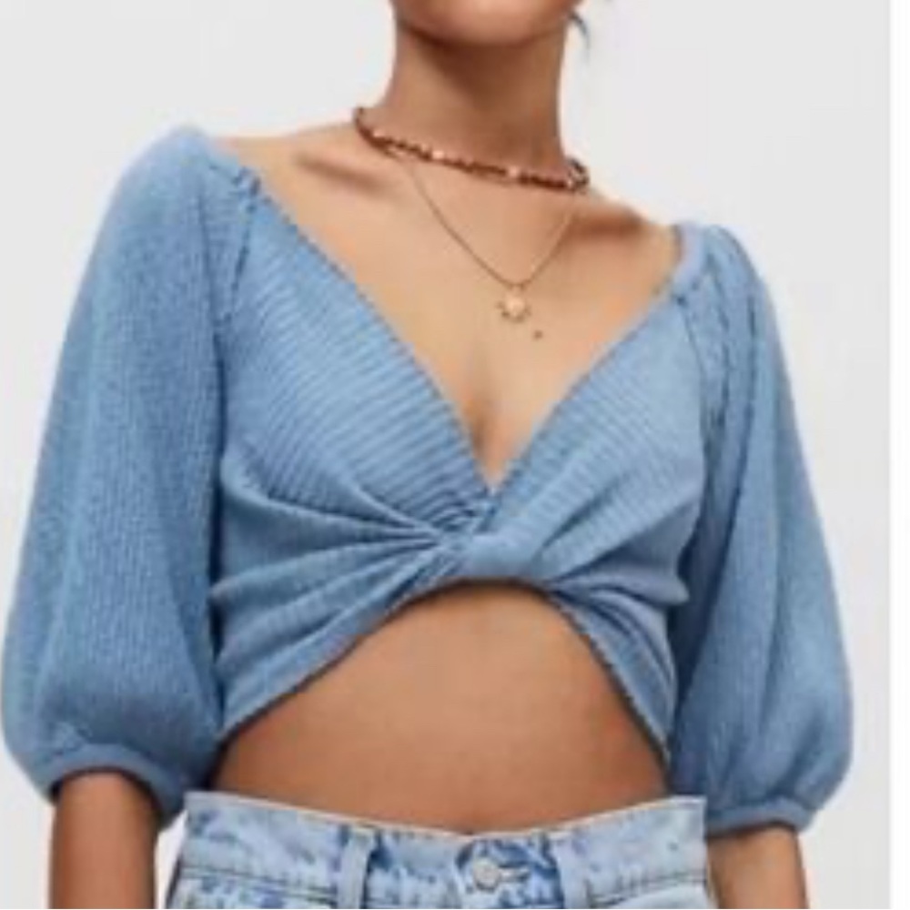 Urban Outfitters Blue Gray Puff Sleeve Blouse with Ribbed Fabric and Tie Front